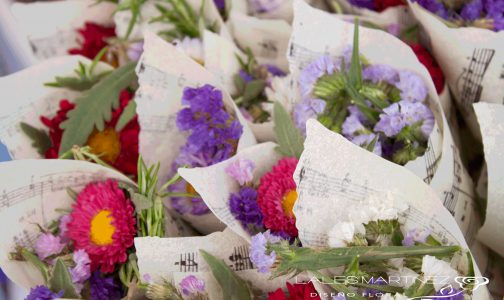 Conos de flores y pétalos